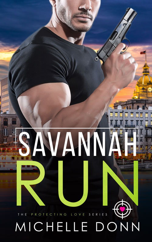 Ebook cover for Savannah Run. City skyline and man holding a gun.